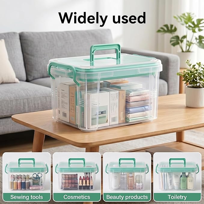 Goaste 15QT Clear Medicine Organizer Box with Handle, Plastic Medicine Container with Detachable Tray, Portable First Aid Bin Empty, Multipurpose Medical Storage Case for Home, Craft Supplies, Green