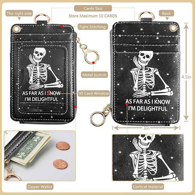 2-in-1 Lanyard Wallet &ID Badge Holder, Breakaway Wristlet & Neck Lanyard with Zip ID Case, Leather ID Card Holder Keychain Name Badge Clip for Worker Nurse Teacher (As Far As I Know I'm Delightful)