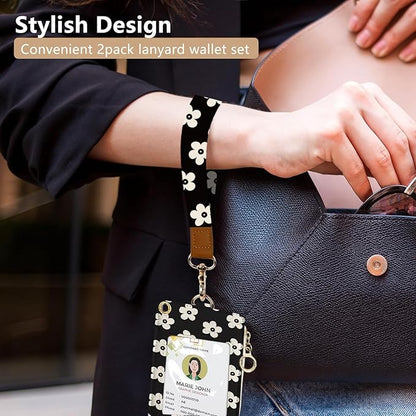 bolimoss Cute Floral Lanyard Wallet and ID Badge Holder with Zipper Pocket Breakaway Phone Wrist Lanyard, RFID Pu Leather Credit Card Holder