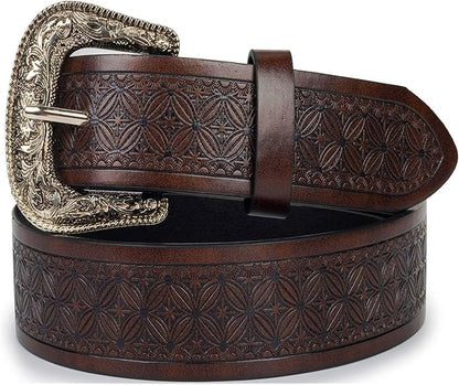 Utaly Men's Casual Leather-Belt, Western-Belt for Women Vintage Carved-Buckle Cowboy-Waist-Belts for Jeans Waist 28"-39"