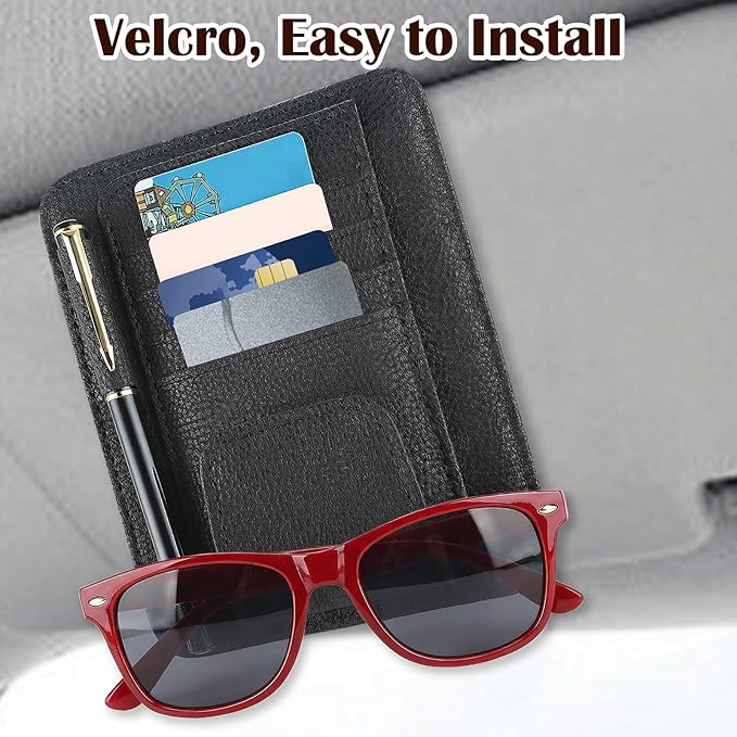 Small Leather Car Sun Visor Organizer with Storage Pouch & Sunglasses Clip, Auto Card Holder Registration/Insurance Slot, Credit Card Pockets, Automotive Interior Organizer for Cars Sun Visor(Black)