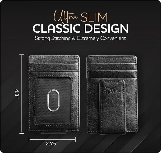 Claasico Men’s Leather Money Clip Wallet – Slim Front Pocket Wallet w/Super Strong Magnetic Clip, RFID Blocking, 5 Card Slots & Center Pocket + ID Window
