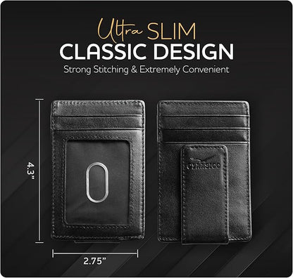 Claasico Men’s Leather Money Clip Wallet – Slim Front Pocket Wallet w/Super Strong Magnetic Clip, RFID Blocking, 5 Card Slots & Center Pocket + ID Window