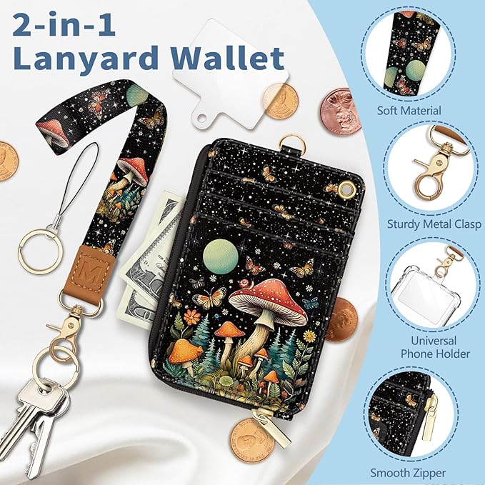 Lanyard Wallet with Id Badge Holder, Mushroom RFID Small Keychain Wallet Women Wristlet, Cute Zipper Credit Card Holder Phone Wrist Neck Strap for Key Name Tag, Teacher Student Office Gifts