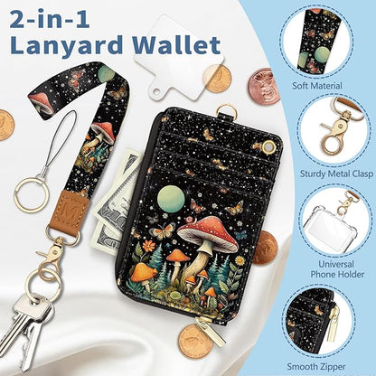 Lanyard Wallet with Id Badge Holder, Mushroom RFID Small Keychain Wallet Women Wristlet, Cute Zipper Credit Card Holder Phone Wrist Neck Strap for Key Name Tag, Teacher Student Office Gifts