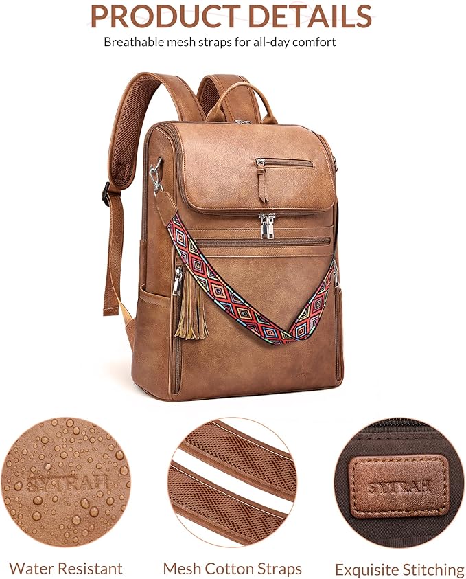 SYTRAH Leather Laptop Backpack for Women Designer Laptop Bag, 16.5 inch Travel Computer Backpacks Purse with Tassel for Work Business with Satchel Purse Brown