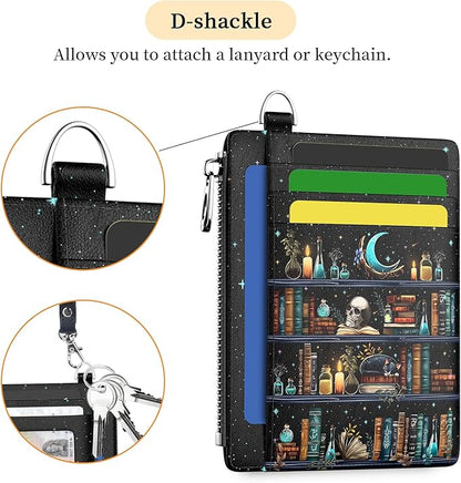 Hancynir Goth Bookshelf Skull Cat Wallet Women Credit Card Holder Funny Gothic RFID Blocking Small Card Wallets Mini Front Pocket PU Leather Thin Travel Zipper Coin Cash Ladies Female Wallet Gifts