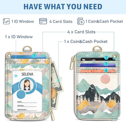 Sunrise Mountain Lanyard Wallet with ID Badge Holder, Small RFID Wallet Women Keychain Wristlet, Slim Credit Card Holder with Zipper Pocket Phone Lanyard Wrist Strap for Name Tag Office Teacher Gift