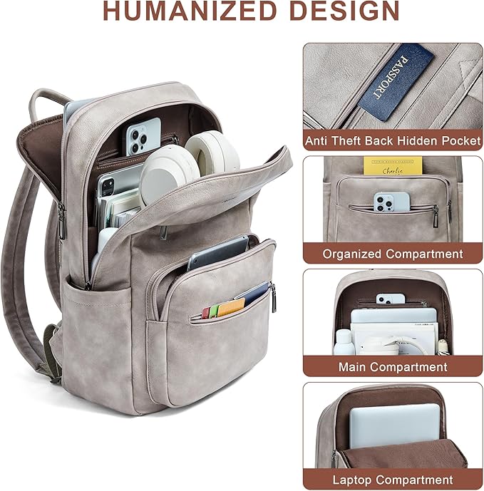 Leather Laptop Backpack for Women 15.6 Inch Laptop Travel Backpack Purse Casual Daypack with Laptop Compartment for College Work Nurse Business Weekender, Grey