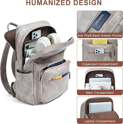 Leather Laptop Backpack for Women 15.6 Inch Laptop Travel Backpack Purse Casual Daypack with Laptop Compartment for College Work Nurse Business Weekender, Grey