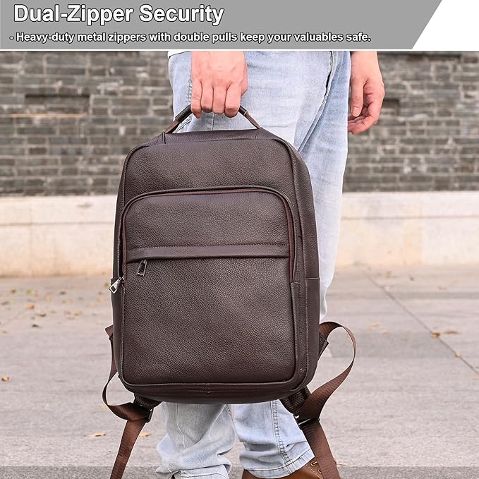 Durable Genuine Leather Backpack - 15.6 Inch Laptop Bag for Business Commute & Travel, Large Capacity Multi-Pocket Backpack for Men/Women, Coffee