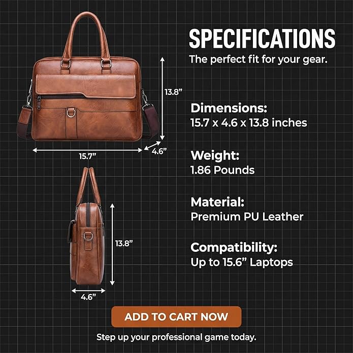 Men's Leather Laptop Bag 15 IN, Water-Resistant Briefcase Messenger Bag for Work, Business, Shoulder Crossbody Office Satchel