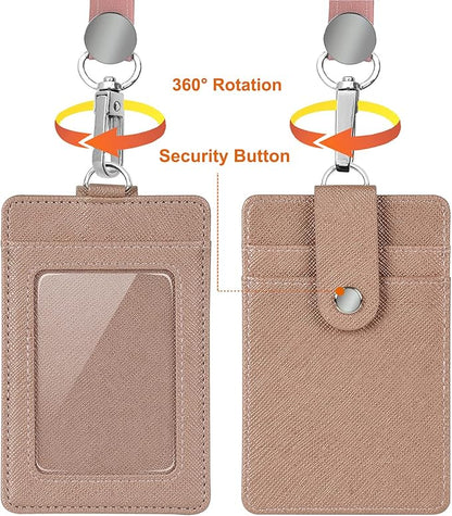 Life-Mate Badge Holder - Leather ID Badge Card Holder Wallet Case with 3 Cards Slot and Neck Lanyard/Strap. Additional Retractable Badge Reel with Belt Clip (Rose Gold)