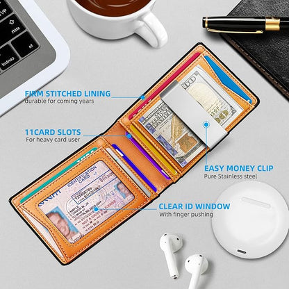 BULLIANT Men Wallet Airtag&Standard Use,Slim Front Pocket Wallet Money Clip for Gifg Men RFID Blocking 11Cards