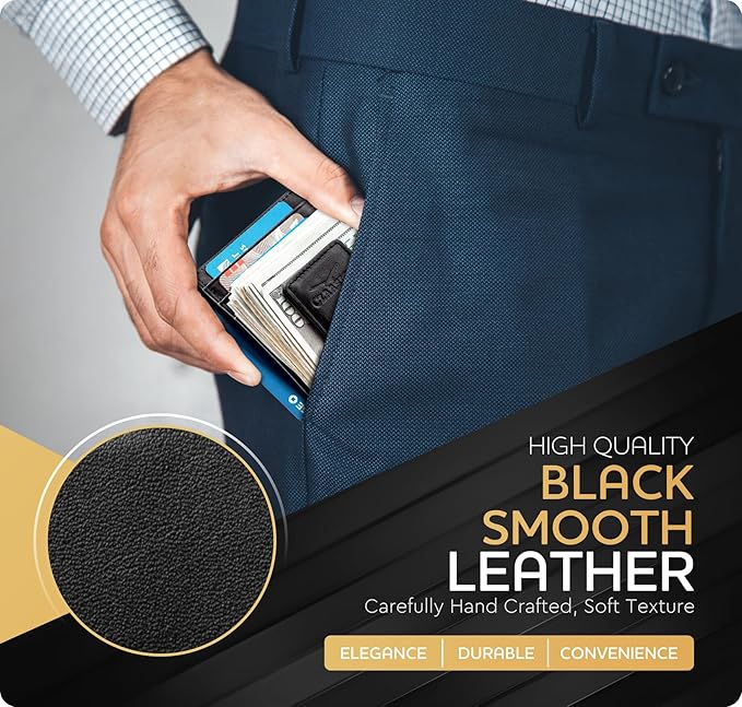 Claasico Men’s Leather Money Clip Wallet – Slim Front Pocket Wallet w/Super Strong Magnetic Clip, RFID Blocking, 5 Card Slots & Center Pocket + ID Window