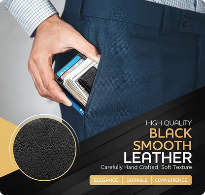 Claasico Men’s Leather Money Clip Wallet – Slim Front Pocket Wallet w/Super Strong Magnetic Clip, RFID Blocking, 5 Card Slots & Center Pocket + ID Window