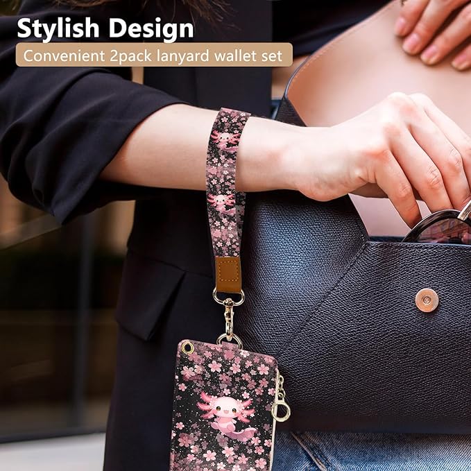 bolimoss Axolot ID Badge Holder & Lanyard Wallet 2-in-1Cute Sakura Womens Small Wallet with Removable Wristlet & Neck Lanyard, Clear Window, 5 Card Slots, Side Zipper Pocket, Ring Keychain