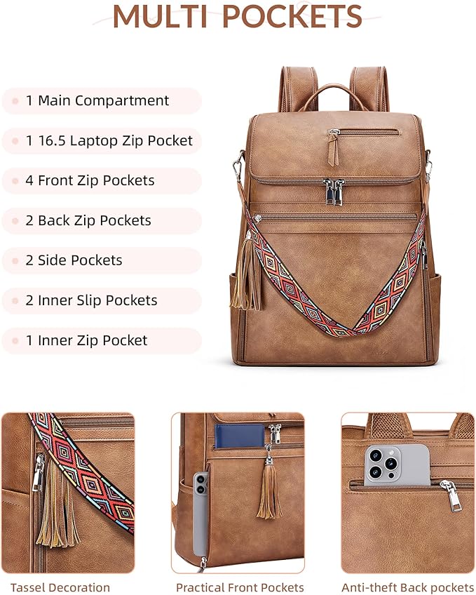 SYTRAH Leather Laptop Backpack for Women Designer Laptop Bag, 16.5 inch Travel Computer Backpacks Purse with Tassel for Work Business with Satchel Purse Brown
