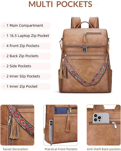 SYTRAH Leather Laptop Backpack for Women Designer Laptop Bag, 16.5 inch Travel Computer Backpacks Purse with Tassel for Work Business with Satchel Purse Brown