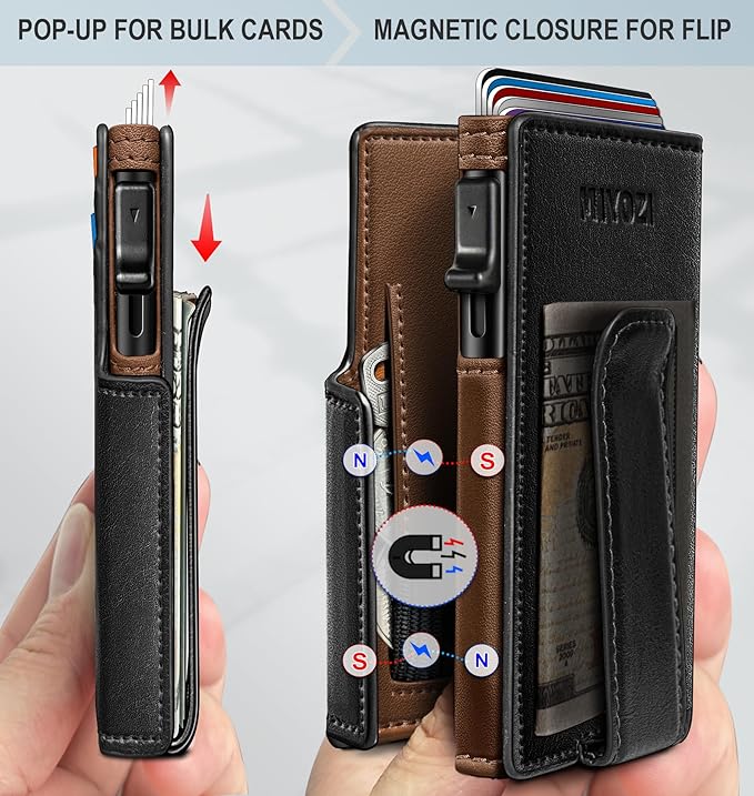miyozi Wallet for Men, Magnetic Minimalist Slim Wallet with Pop Up Card Holder, 9 Cards RFID Blocking Metal Credit Card Case, Leather Wrapped Money Clip, ID Window & Small Item Slot, Gift Boxed