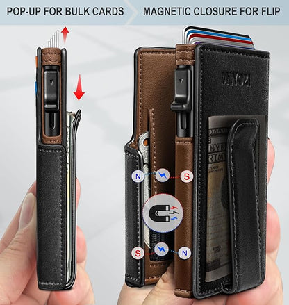 miyozi Wallet for Men, Magnetic Minimalist Slim Wallet with Pop Up Card Holder, 9 Cards RFID Blocking Metal Credit Card Case, Leather Wrapped Money Clip, ID Window & Small Item Slot, Gift Boxed