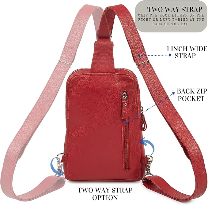 Leather Sling Bag for Women Genuine Crossbody Purse Small Trendy Cross Over Chest with Phone and Credit Card Slots (Red Nappa)