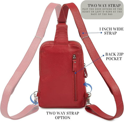 Leather Sling Bag for Women Genuine Crossbody Purse Small Trendy Cross Over Chest with Phone and Credit Card Slots (Red Nappa)