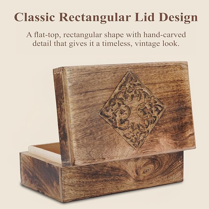 Ajuny Hand Carved Decorative Wooden Jewelry Box Celtic Centre Design Rustic Finish Keepsake Storage Travel Organizer Treasure Chest Trinket Holder Great for Gifts