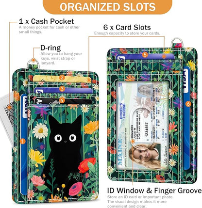 Yonlevres Cat Flower Credit Card Holder Slim Wallet, RFID Wallet Women Front Pocket Wristlet Lanyard, Small Card Holder Travel Funny Cute Thin ID Window PU Leather Case Organizer Gifts Girl