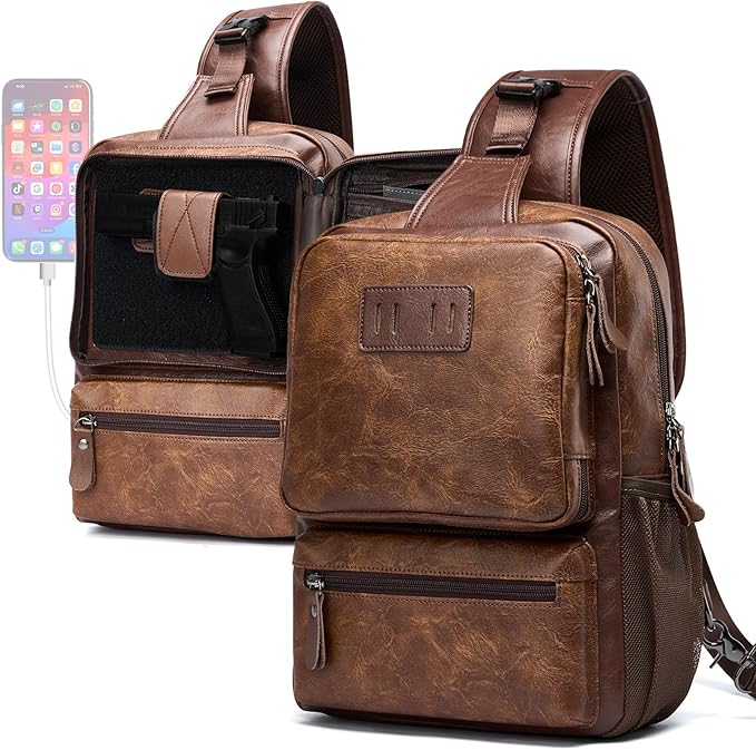 MOYYI EDC Crossbody Bag for Men Leather Sling Bag, Tactical Chest Bag with USB Charging Port, 7L Small Casual Daypacks for Travel