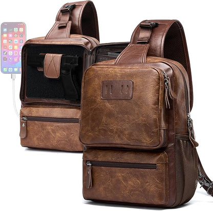 MOYYI EDC Crossbody Bag for Men Leather Sling Bag, Tactical Chest Bag with USB Charging Port, 7L Small Casual Daypacks for Travel