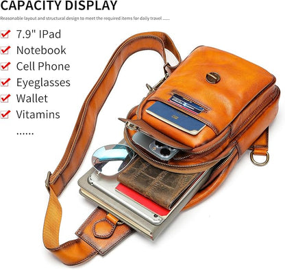 NIUCUNZH Genuine Leather Sling Bag Front Metal-Latch Crossbody Bags Handmade Vintage Chest Shoulder Backpack for Women Men