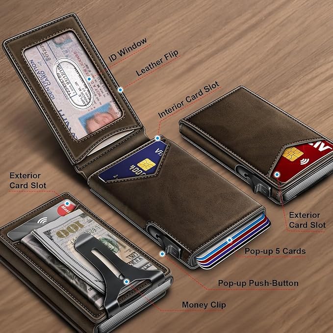Genuine Leather Wallet for Men Slim Magnetic Flip Bifold with Money Clip and Metal Card Case Holds 9 Cards Ideal for Gifts and Daily Use (Coffee)
