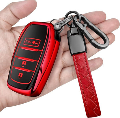 Sindeda for Toyota Key Fob Cover with Metal Keychain & Leather Strap for 2025-2026 Camry 4 Runner 2019-2026 Venza, Land Cruiser,2023-2026 Tacoma Grand Highlander,Corolla,bZ4X,3-Buttons(Red)