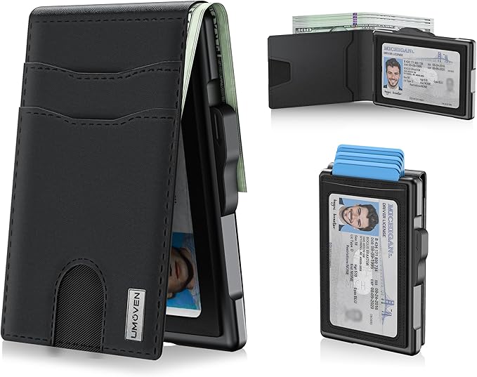 umoven Wallet for Men - Pop Up Case, Cash Slot, and Credit Card Slot - Slim Aluminum Wallet with RFID Blocking, Minimalist Leather Wallet Front Pocket with ID Window, Gift Box (Dark black)
