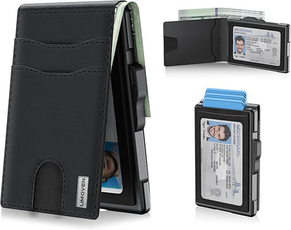 umoven Wallet for Men - Pop Up Case, Cash Slot, and Credit Card Slot - Slim Aluminum Wallet with RFID Blocking, Minimalist Leather Wallet Front Pocket with ID Window, Gift Box (Dark black)