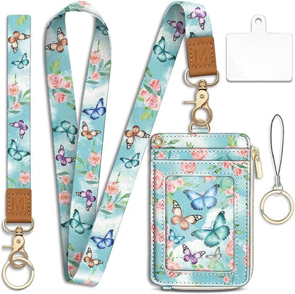 Lanyard Wallet with Id Badge Holder, Butterfly RFID Small Keychain Wallet Women Wristlet, Cute Zipper Credit Card Holder Phone Wrist Neck Strap for Key Name Tag, Teacher Student Office Gifts