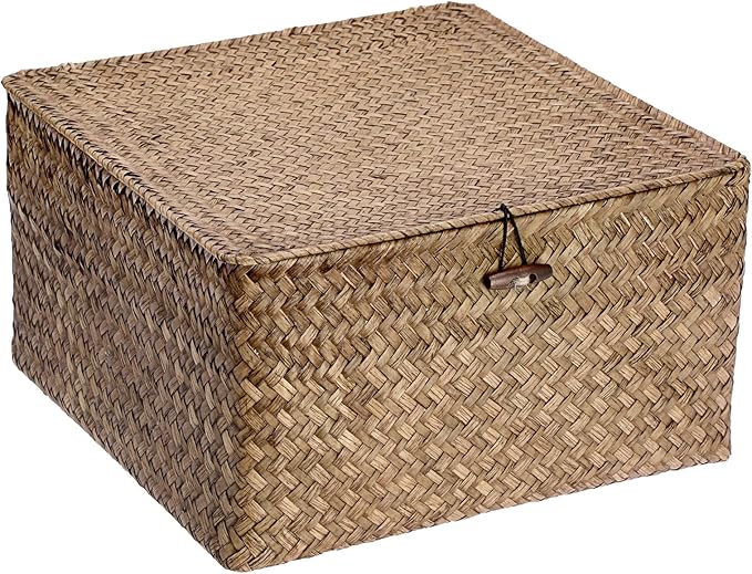 Hipiwe Handwoven Basket Container Seagrass Storage Box Wicker Bin for Fruits Snacks Clothes Books Towels Home Organizer with Lid, Coffee, XX-Large