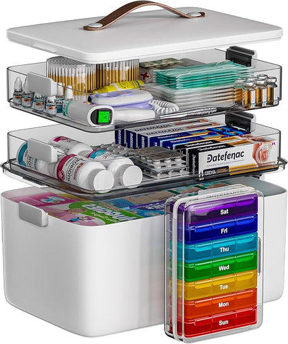 CTIME 3-Tier Medicine Organizer with Pill Case - Portable Pill Case & Empty First Aid Kit for Home, Travel, RV, School, Dorm, Ideal Elderly, Father Gift