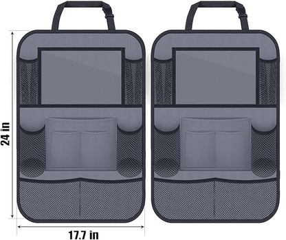 ULEEKA Car Backseat Organizer with 11" Table Holder, 10 Storage Pockets Seat Back Protectors Kick Mats for Kids Toddlers, Travel Accessories, 2 Pack, Gray