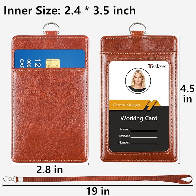Teskyer Badge Holder with Lanyard, Leather ID Name Badge Card Holder with Lanyard for ID Badges, Vertical Brown