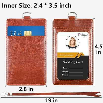 Teskyer Badge Holder with Lanyard, Leather ID Name Badge Card Holder with Lanyard for ID Badges, Vertical Brown