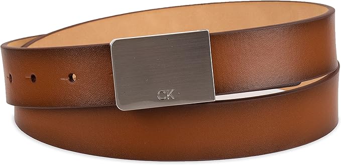 Calvin Klein Men's Plaque Buckle Belt - Casual Modern Style With Logo Detail for Jeans and Dress Pants