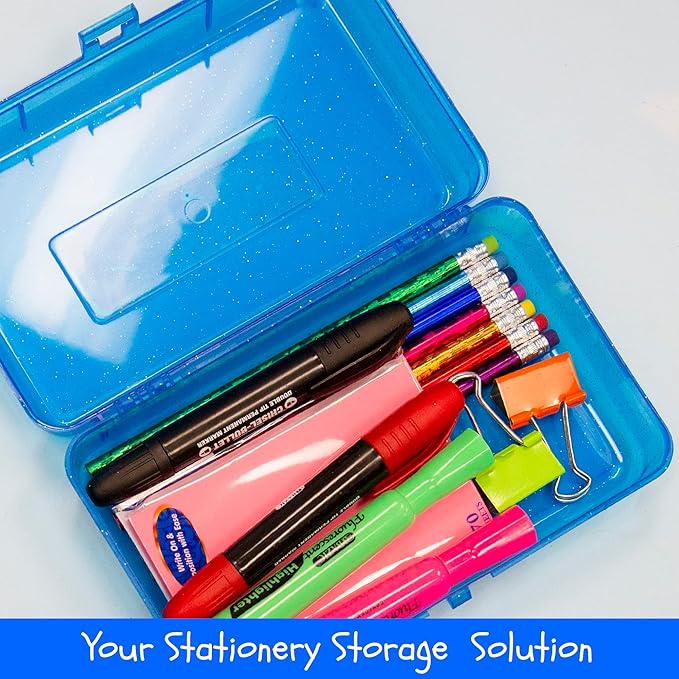 BAZIC Products Plastic Pencil Case Utility Storage Box, Glitter Bright Color, Multi Purpose Organizer for Pens Pencils, 4-Pack