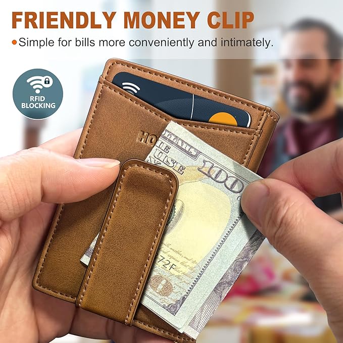 Magnetic Closure Slim Wallet for Men with Money Clip Gift Boxed,Genuine Leather Front Pocket Wallet, 3.9"x 2.7", RFID Blocking