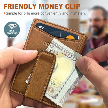 Magnetic Closure Slim Wallet for Men with Money Clip Gift Boxed,Genuine Leather Front Pocket Wallet, 3.9"x 2.7", RFID Blocking