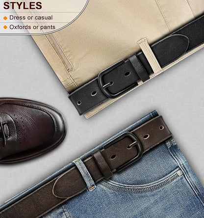 BULLIANT Men Belt 2Pack-Leather Belt 7Holes Comfortable For Men's Dress Casual Jeans 1 3/8"