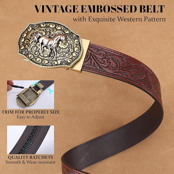 SANSTHS Western Cowboy Ratchet Belts for Men Women Leather Cowboy Belt with Automatic Western Buckle for Jeans Gifts