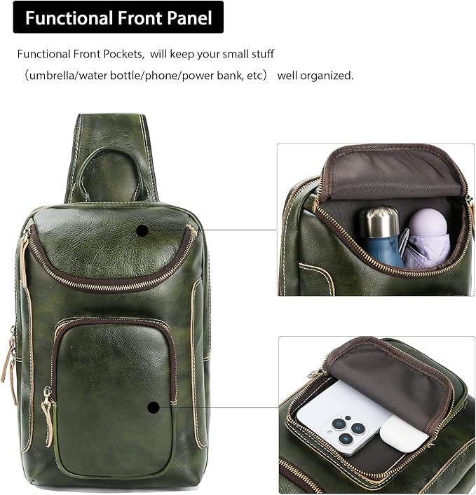 LANNSYNE Full Grain Leather Sling Bag For Men, Crossbody Chest Daypack Fits 10.5" iPad, Men’s Crossbody Bag