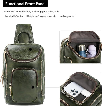 LANNSYNE Full Grain Leather Sling Bag For Men, Crossbody Chest Daypack Fits 10.5" iPad, Men’s Crossbody Bag
